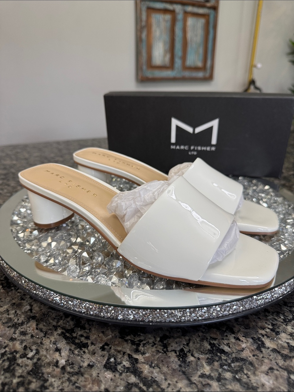 Marc Fisher White Patent Low Block Heel Slide Mules NEW 9.5